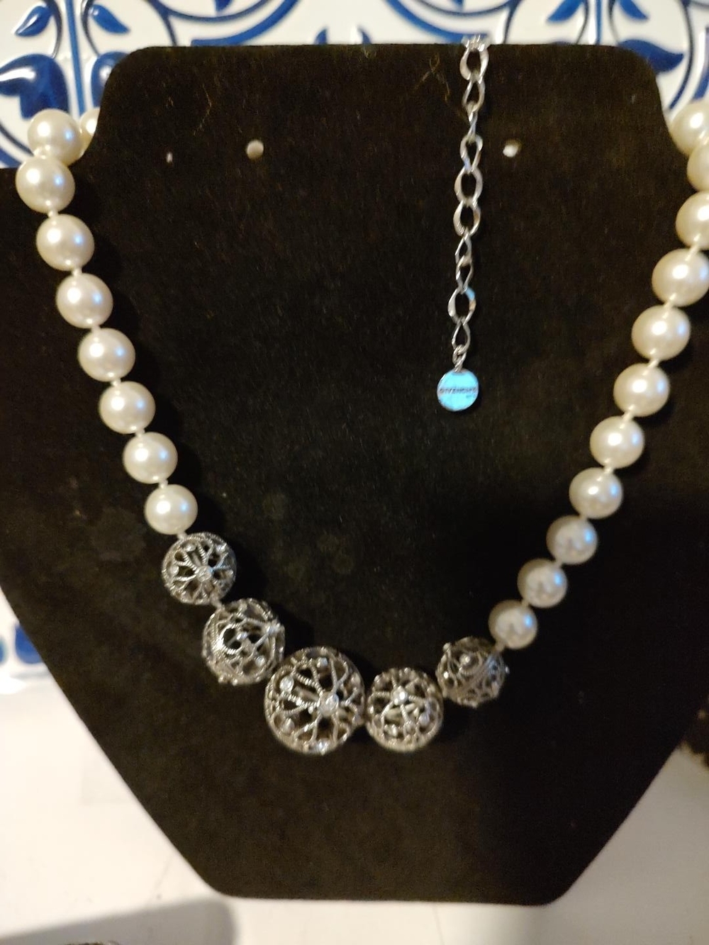 Givenchy Cream Pearl Necklace with Silver Filigree Spheres